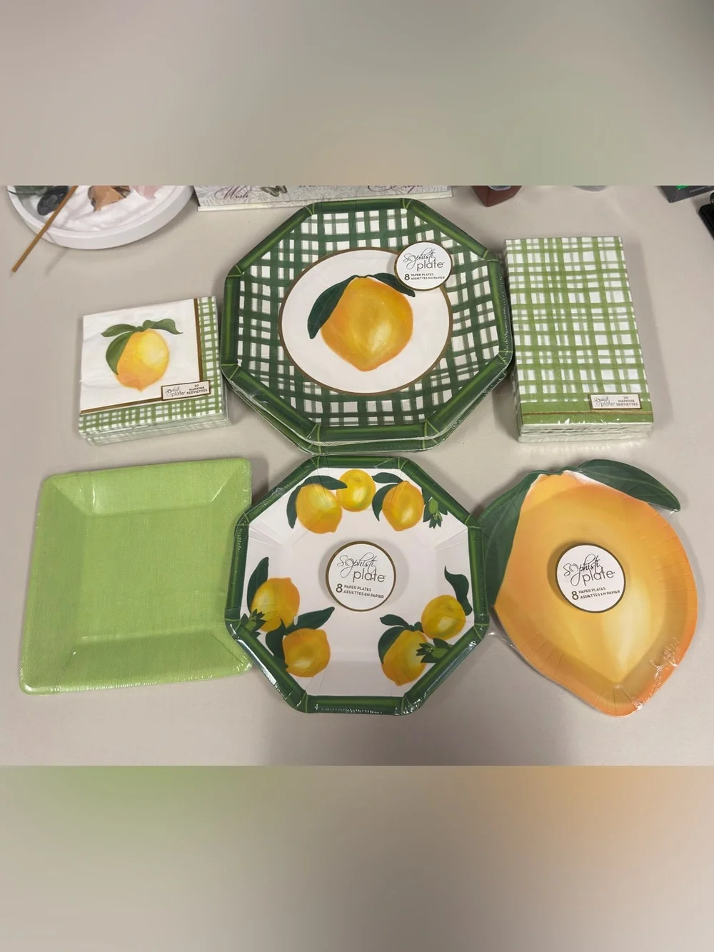 White Yellow Gold Green Lemon Plaid Coastal Summer Paper Plate Napkin Set